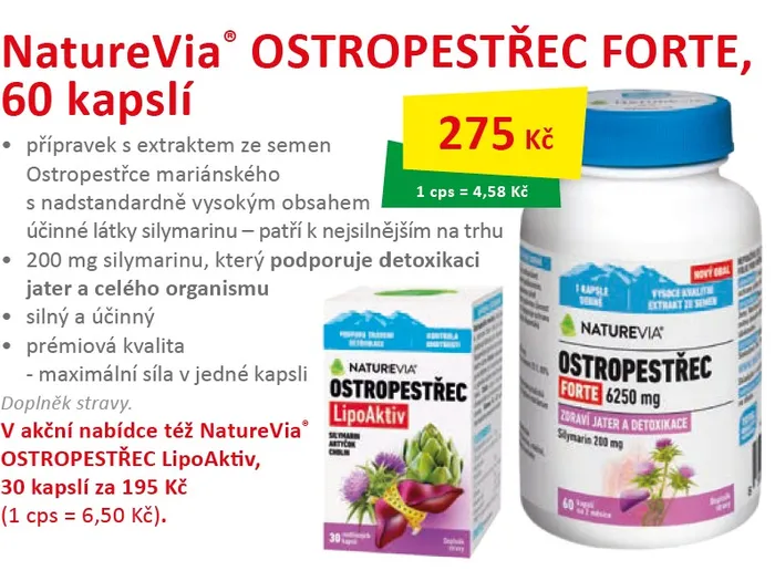 NatureVia OSTROPESTŘEC FORTE, 60 kapslí. Cena 275Kč